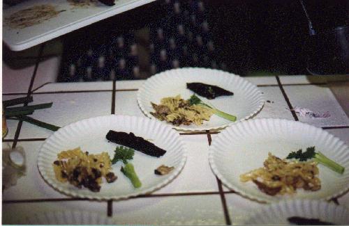 Stir fry, mushroom steak, and garnish